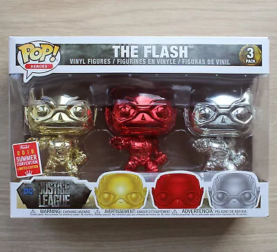Buy Funko Pop Justice League The Flash Chrome 3 Pack SDCC + Free 3 Pack Protector • 29.99£