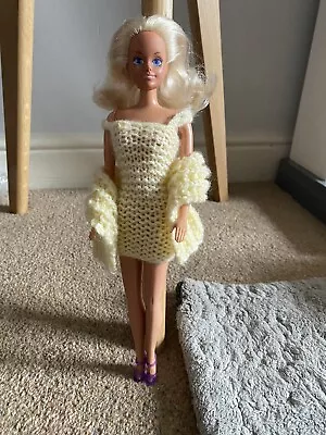 Buy Hand Knit Barbie Size Doll Yellow Dress Shawl Shoes (doll NOT Included) • 5£