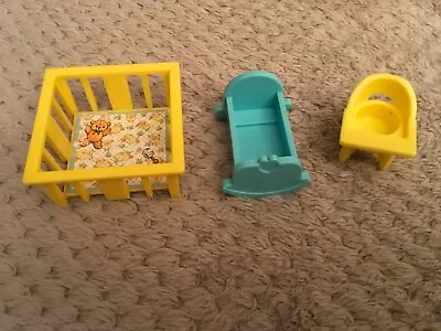 Buy VINTAGE FISHER PRICE CRIB, PLAYPEN AND HIGHCHAIR 1970's DOLLS HOUSE FURNITURE • 7.50£