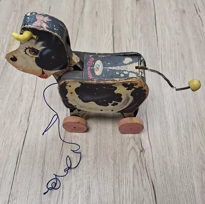 Buy Vintage Fisher Price Wooden Moo-oo Cow Pull Toy - CG BD3 • 14.99£