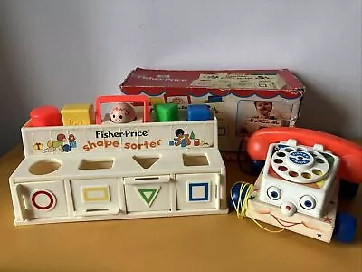 Buy Vintage Fisher Price Play Family School Pull Toy Phone 1961 & Shape Sorter 1978 • 29.99£