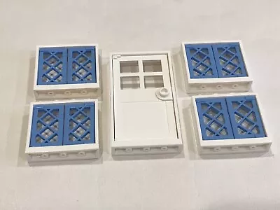 Buy LEGO 4 X Windows 1x4x3 & 1 X Door 1x4x6 White With Blue Lattice Shutters • 5.95£