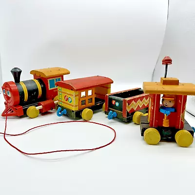 Buy Vintage Fisher Price Huffy Puffy Wooden Train W/ 3 Carts Pull Toy • 27.95£