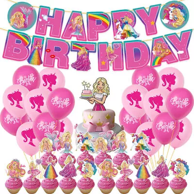 Buy Barbie Happy Birthday Balloons Banner Cake Toppers Kids Girls Party Decor Set UK • 12.79£