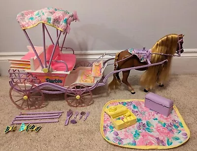 Buy Rare Vintage 1994 Barbie Prancing Horse And Carriage With Picnic Accessories • 94.99£