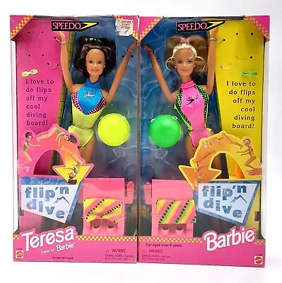 Buy 2x 1997 Mattel Speedo Flip 'n Dive Barbie Dolls: Teresa 18983 + Barbie 18980 • 75.91£