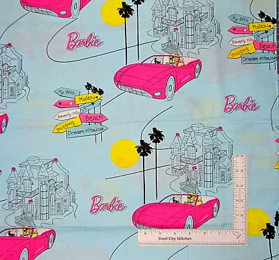 Buy Barbie Fabric Mansion Sport Car Malibu Palm Trees Blue VIP Cotton 1.7 Yards • 28.57£