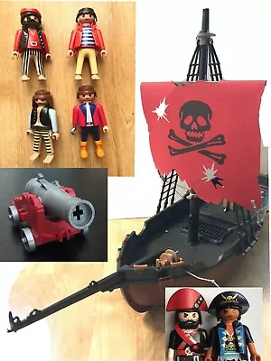 Buy Playmobil Pirate Ship +6 Pirates + Cannon -Figures Red Sail Skull Crossbones VGC • 29.99£
