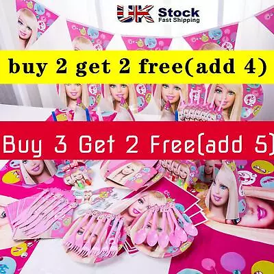 Buy Barbie Doll Girl Pink Birthday Party Plies Tableware Cups Plates Decorations • 4.37£