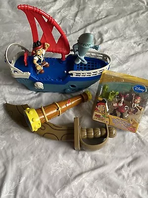 Buy Disney Mattel Jake And The Neverlands Pirate Shark Ship,Sword,Telescope,figures • 21.49£