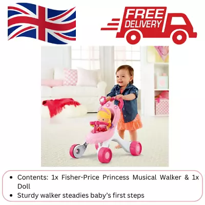Buy Fisher Price Princess Stroll Along Musical Walker & Doll Stroller Baby Gift Set • 47.95£
