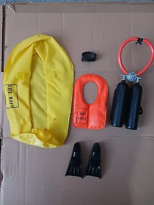 Buy Vintage Action Man Yellow Life Raft  Vest Flippers Goggles Scuba Accessories • 14.99£