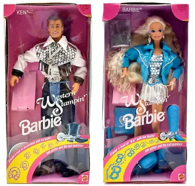 Buy 2x 1993 Mattel Western Stampin' Barbie Doll: Barbie 10293 + Ken 10294 / NrfB • 193.82£