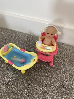 Buy Berenguer ELC Baby  Doll (5 Inch) With  Fisher Price Bath And High Chair VGC • 4.99£