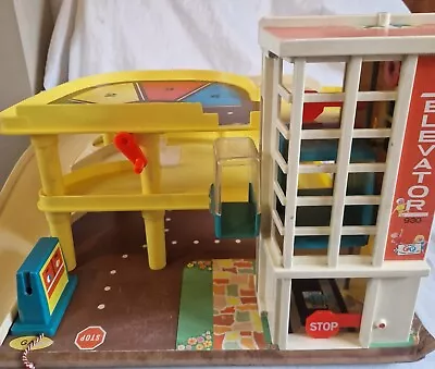 Buy Vintage Fisher Price Little People Garage Car Park With Elevator Wood Base • 25£